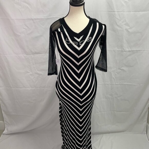 BEBE MAXI DRESS SWAROVSKI RHINESTONE LOGO BLACK/WHITE STRIPED DESIGN - Picture 4 of 11